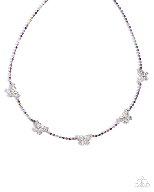 FANCIFUL of Life - Purple Amethyst, Violet & Amethyst Iridescent Rhinestone Silver Butterfly Necklace Paparazzi N3231