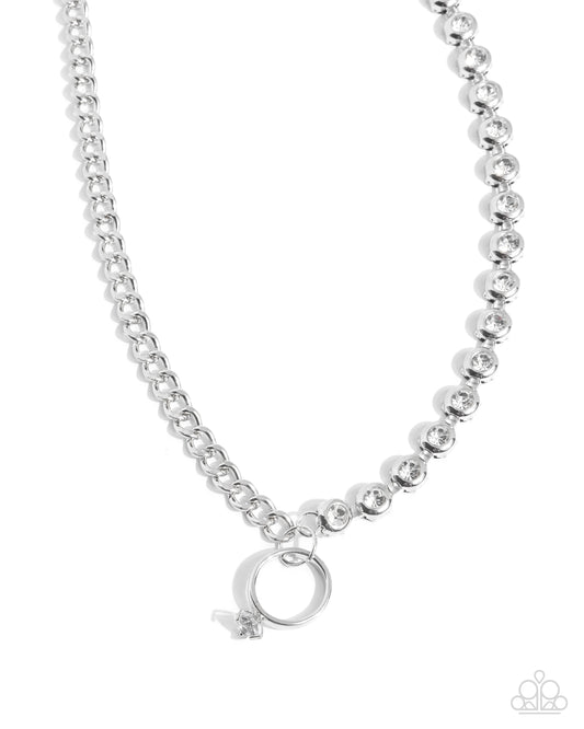 Blazing Beacon - White Rhinestone Silver Curb Chain, Cubic Zirconia Silver Ring Charm Necklace Paparazzi N1824
