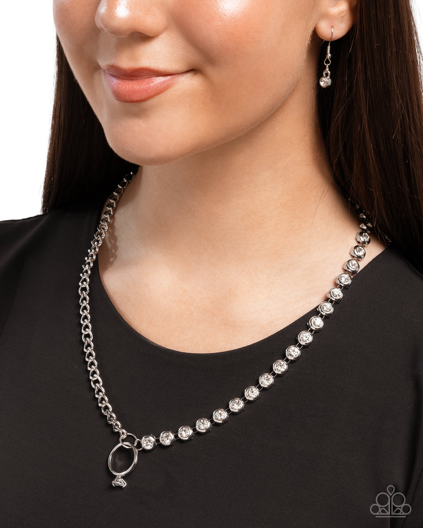 Blazing Beacon - White Rhinestone Silver Curb Chain, Cubic Zirconia Silver Ring Charm Necklace Paparazzi N1824