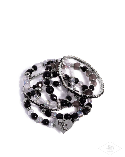 Optimistic Opulence - Black Love Your Life Stack Bracelet Set Of 6 Pink Diamond Exclusive Life Of The Party Paparazzi B2253