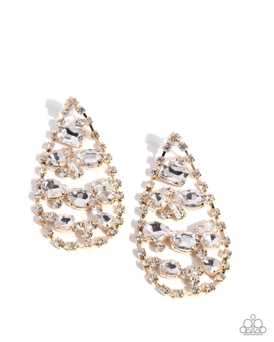 Giant Glitter - Gold & White Rhinestone Dazzling Chandelier Teardrop Earring Paparazzi E2774