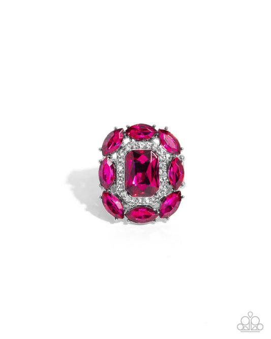 Follow Suit - Pink Fuchsia Marquise Gem & White Rhinestone Statement Ring Paparazzi