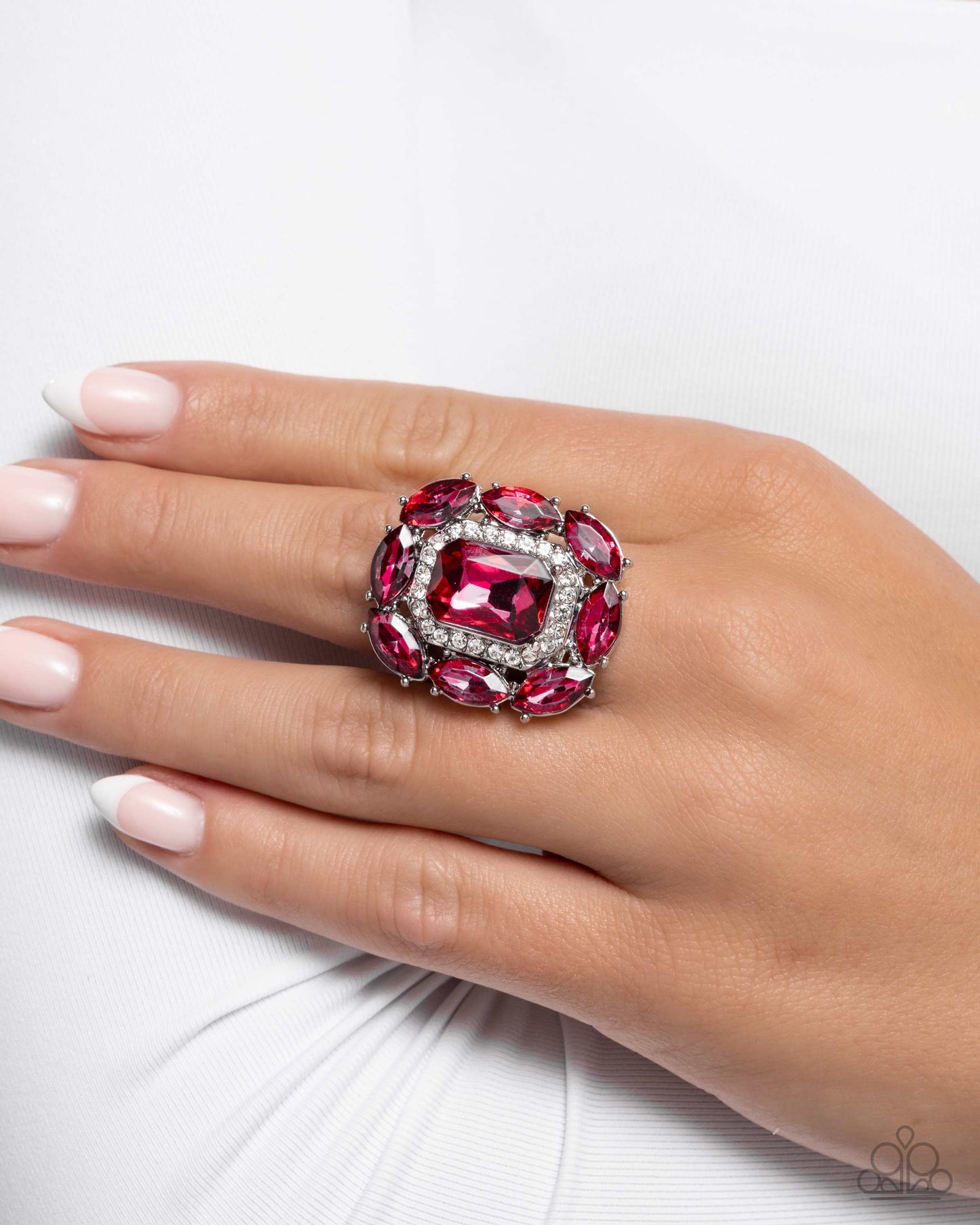Follow Suit - Pink Fuchsia Marquise Gem & White Rhinestone Statement Ring Paparazzi