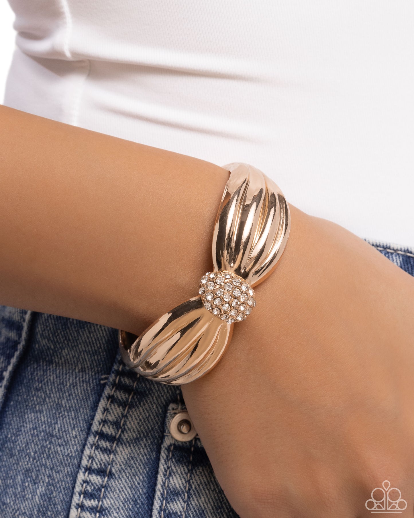 Blingy Breadth - Gold & White Rhinstone Cuff Bracelet Paparazzi