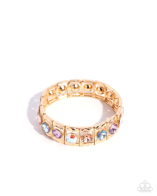 Taking SQUARE Of Business - Multicolored & Iridescent Gem Gold Stretch Bracelet Paparazzi B1996