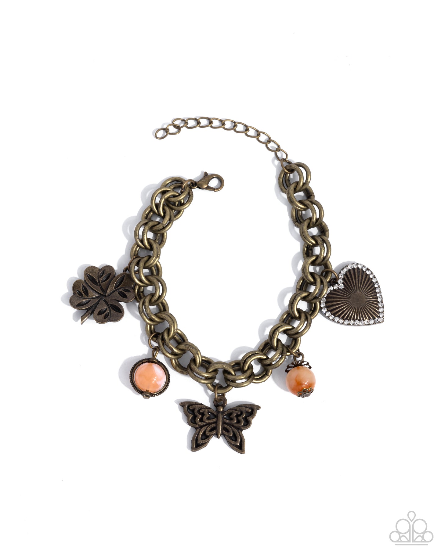Folklore Frenzy - Brass - Antiqued Brass Clover, Butterfly, Heart Charm Style Bracelet Paparazzi