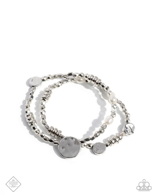 Refreshing Rumba - White Pearl Silver Stretchy Bracelet Glimpses Of Malibu Fashion Fix February 2025 Paparazzi B2305