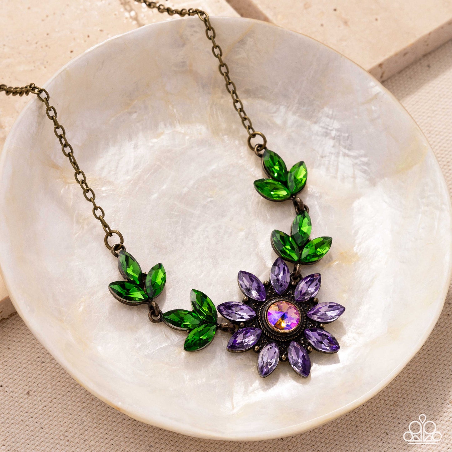 Blossoming Baseline - Brass Chain Purple & Green Gem Floral Necklace Paparazzi N3283