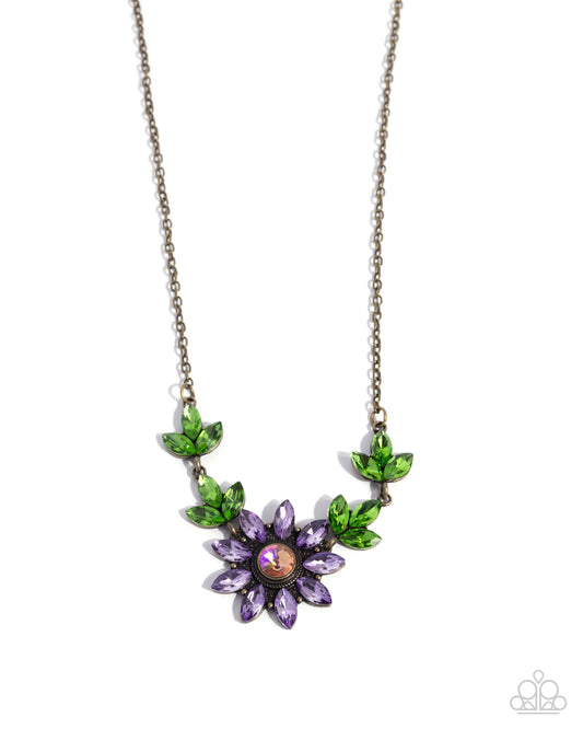 Blossoming Baseline - Brass Chain Purple & Green Gem Floral Necklace Paparazzi N3283