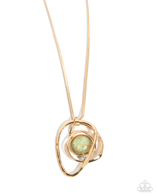 Abstract Advance - Green - Light Green Bead Flecked Gold Foil Necklace Paparazzi N3061