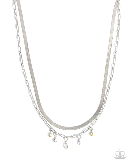 Suave Shimmy - Yellow, White, Yellow Iridescent Teardrop Gem Silver Layered Chain Necklace Paparazzi N3438