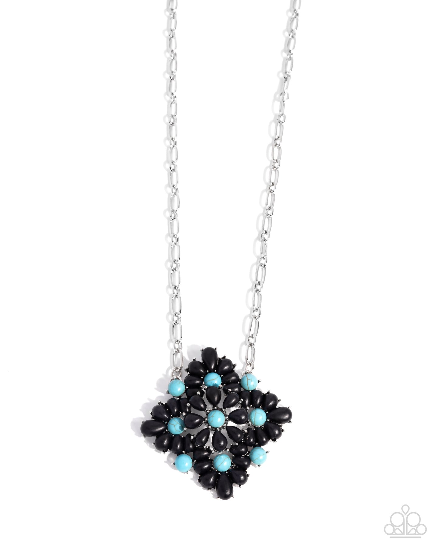 Stony Strength - Black & Turquoise Stone Floral Pendant Necklace Santa Fe Style Paparazzi N2900
