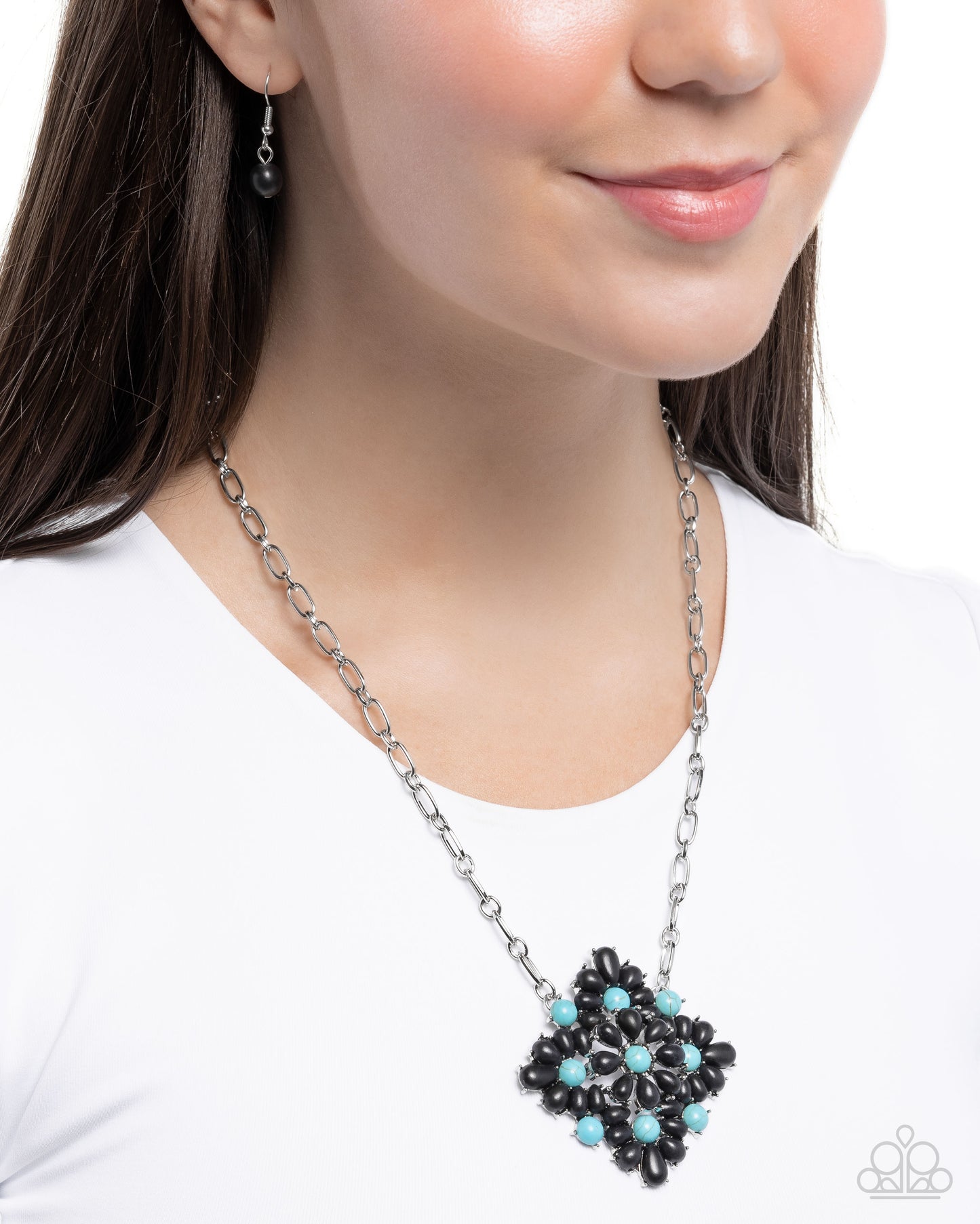 Stony Strength - Black & Turquoise Stone Floral Pendant Necklace Santa Fe Style Paparazzi N2900