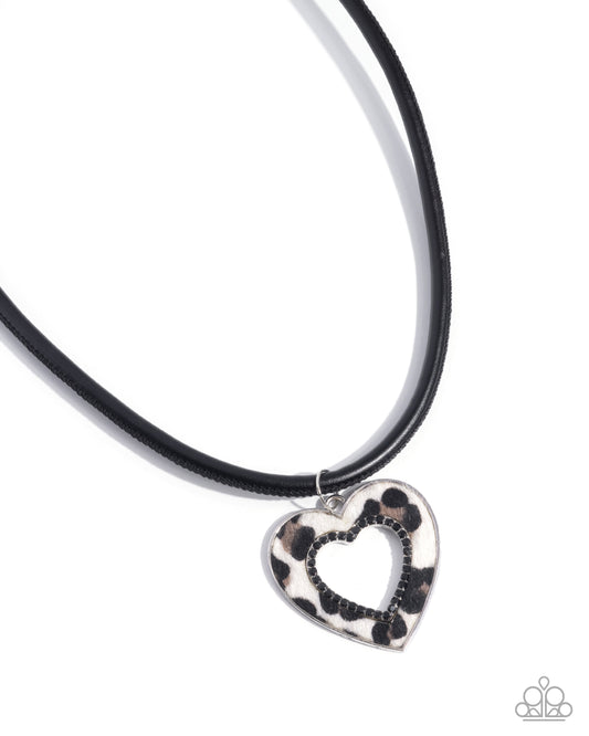 Ferocious Flirt - Black Rhinestone & Leopard Spotted Fur Heart Pendant Necklace Paparazzi N2880