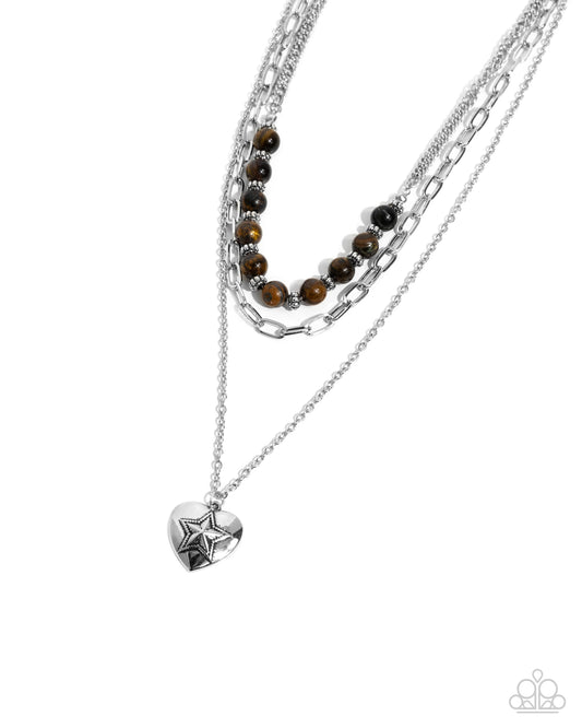 Home Stretch - Brown Tiger's Eye & Silver Bead Layered Heart Necklace Paparazzi N3239