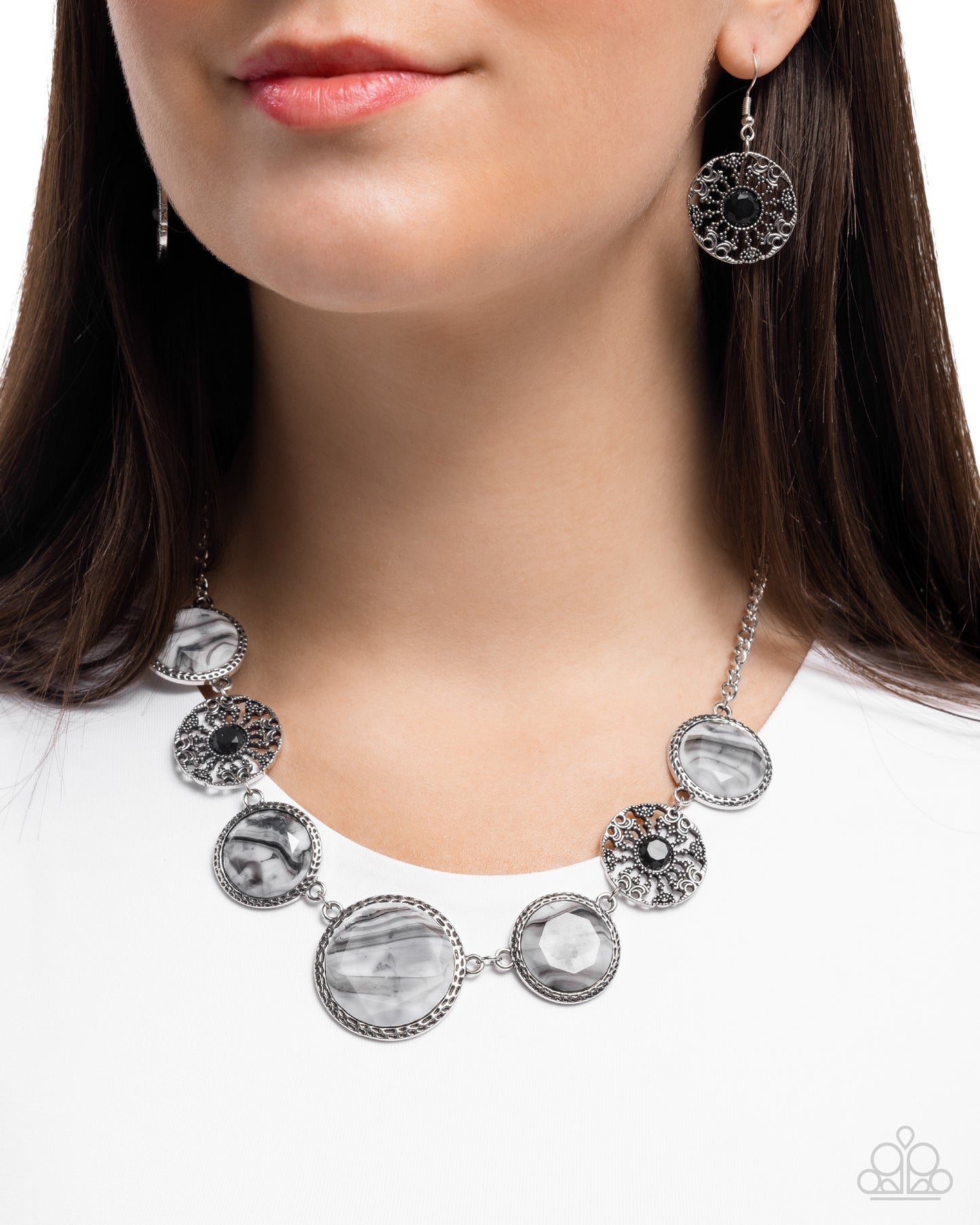 Gentle Glam - Black & White Acrylic Pattern Silver Necklace Paparazzi N3154