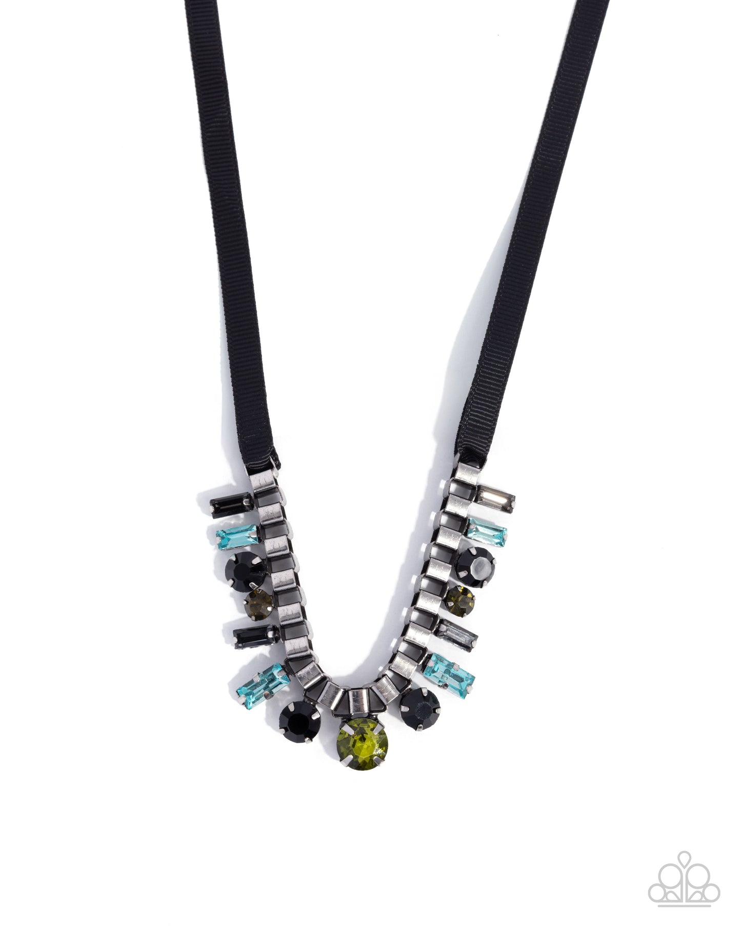 Ribbon Reveal - Green, Aquamarine, Olive & Black Rhinestone Ribbon Tie Necklace Paparazzi