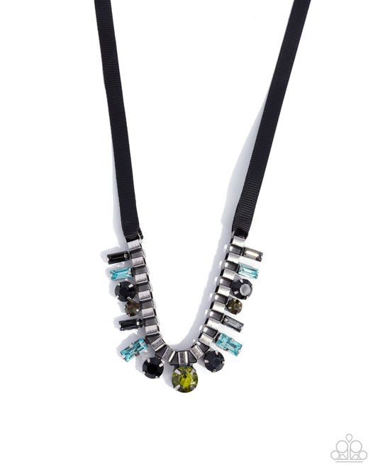 Ribbon Reveal - Green, Aquamarine, Olive & Black Rhinestone Ribbon Tie Necklace Paparazzi N2914