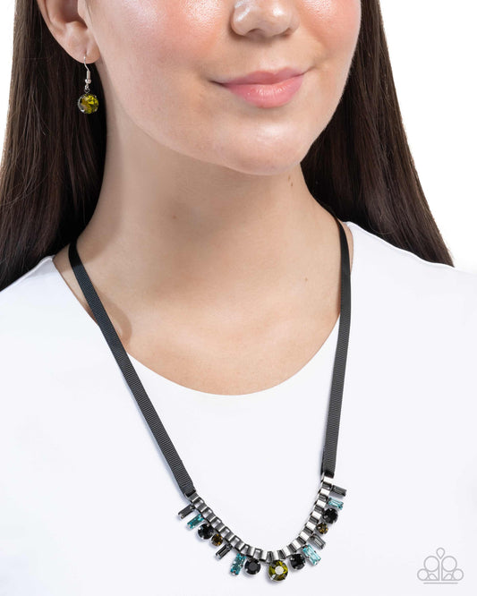 Ribbon Reveal - Green, Aquamarine, Olive & Black Rhinestone Ribbon Tie Necklace Paparazzi N2914