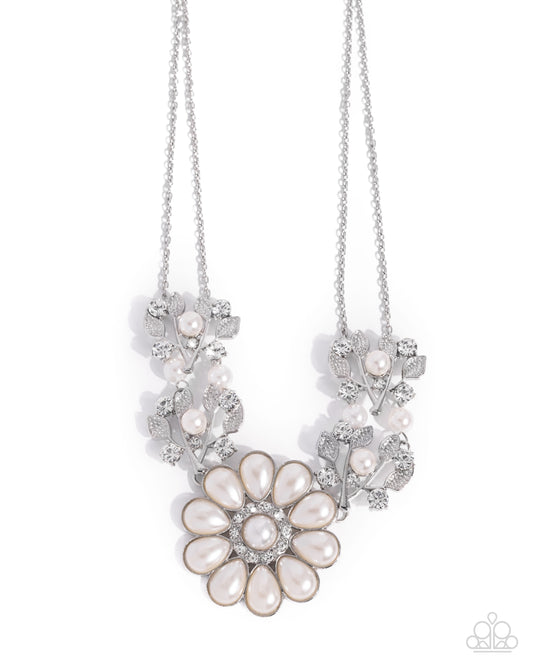 Sprouting Shimmer - White Rhinestone & Pearl Flower Necklace Paparazzi N3271