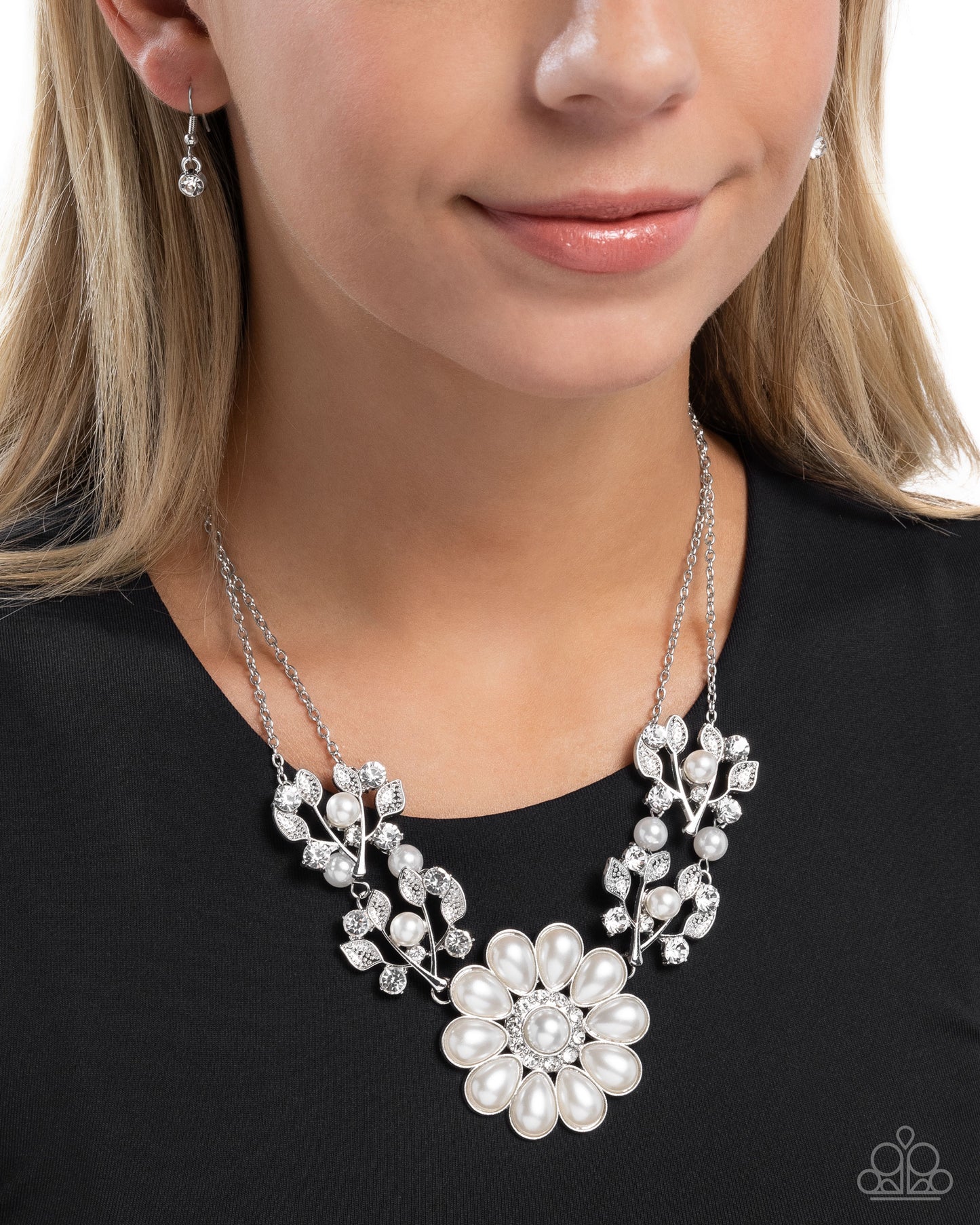 Sprouting Shimmer - White Rhinestone & Pearl Flower Necklace Paparazzi N3271
