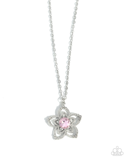 Floral Flow - Pink - Baby Pink Cubic Zirconia Silver Flower Necklace Paparazzi N3446