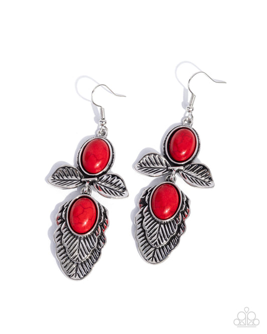 Blooming Bevy - Red Stone Silver Leaf Santa Fe Style Earring Paparazzi E2833