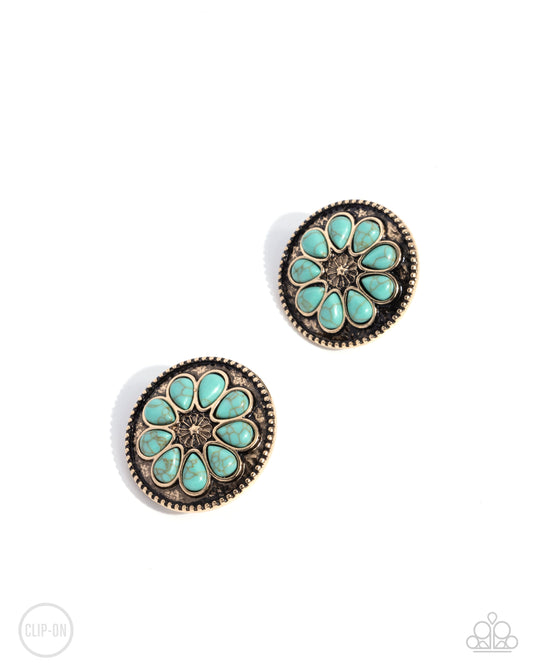 Promising Passage - Gold & Blue Turquoise Stone Floral Vintage Santa Fe Style Clip-On Earring Paparazzi E2640