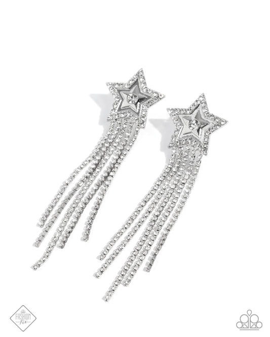 Currently Cosmic - White Rhinestone Silver Star Tassel Earring February 2025 Magnificent Musings Fashion Fix Paparazzi E2741