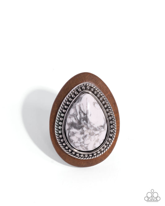 Santa Fe Stance - Silver Gray Marbled Stone & Brown Wood Santa Fe Style Ring Paparazzi R0988