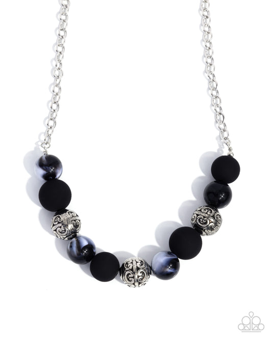 Bewitching Texture - Black Matte, Black Acrylic & Filigree Antiqued Silver Bead Necklace Paparazzi N3571