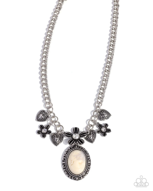 Vintage Story White Stone Silver Cameo Style Necklace Paparazzi N3422