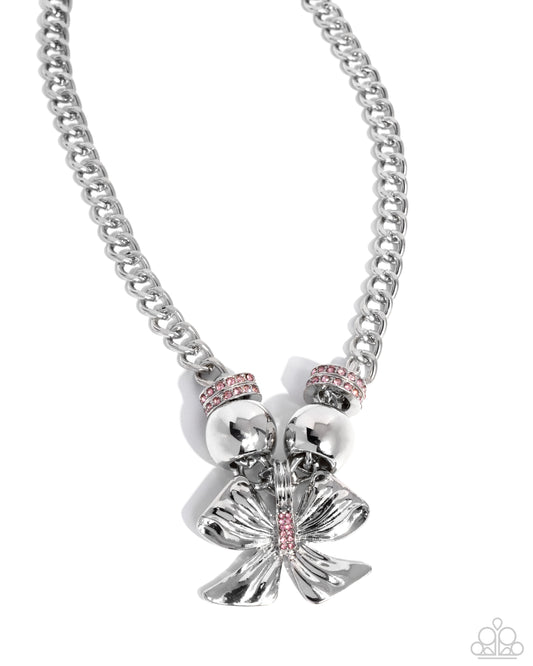 Big Deal Bow - Pink - Light Rose Rhinestone Silver Bow Statement Necklace Paparazzi N3318