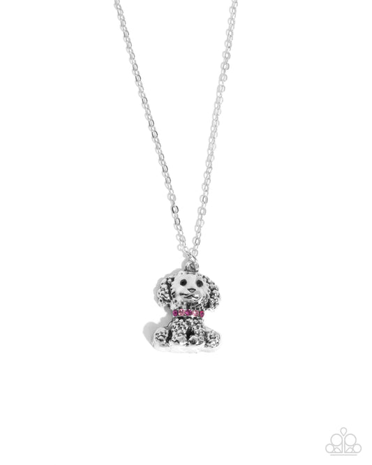 Poodle Pizzazz - Pink Rhinestone Silver Puppy Pendant Necklace Paparazzi N3132