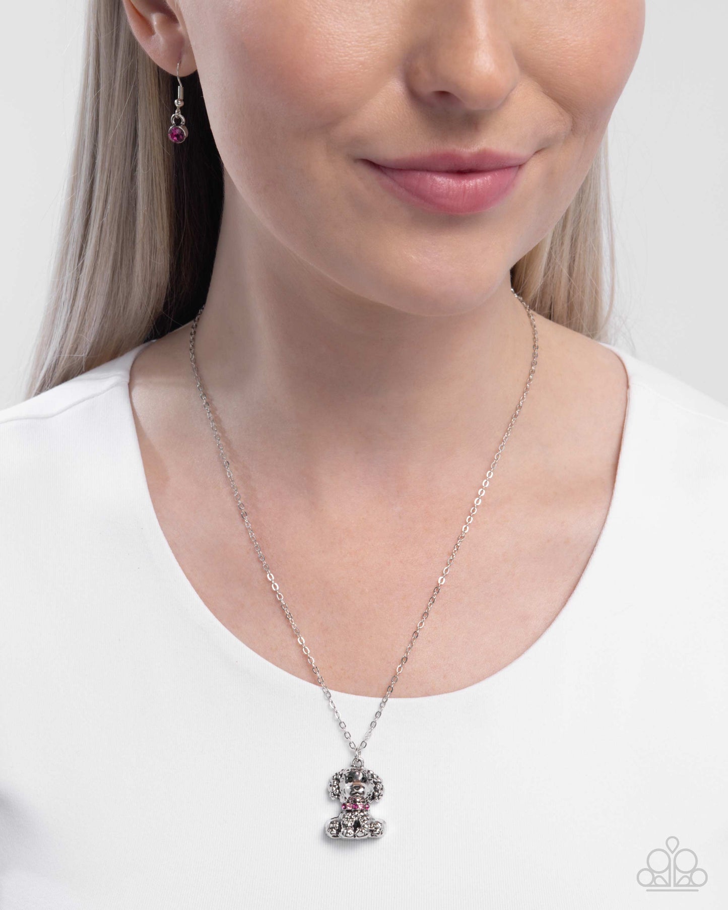 Poodle Pizzazz - Pink Rhinestone Silver Puppy Pendant Necklace Paparazzi N3132