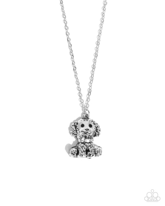 Poodle Pizzazz - White Rhinestone Silver Puppy Dog Pendant Necklace Paparazzi N3096