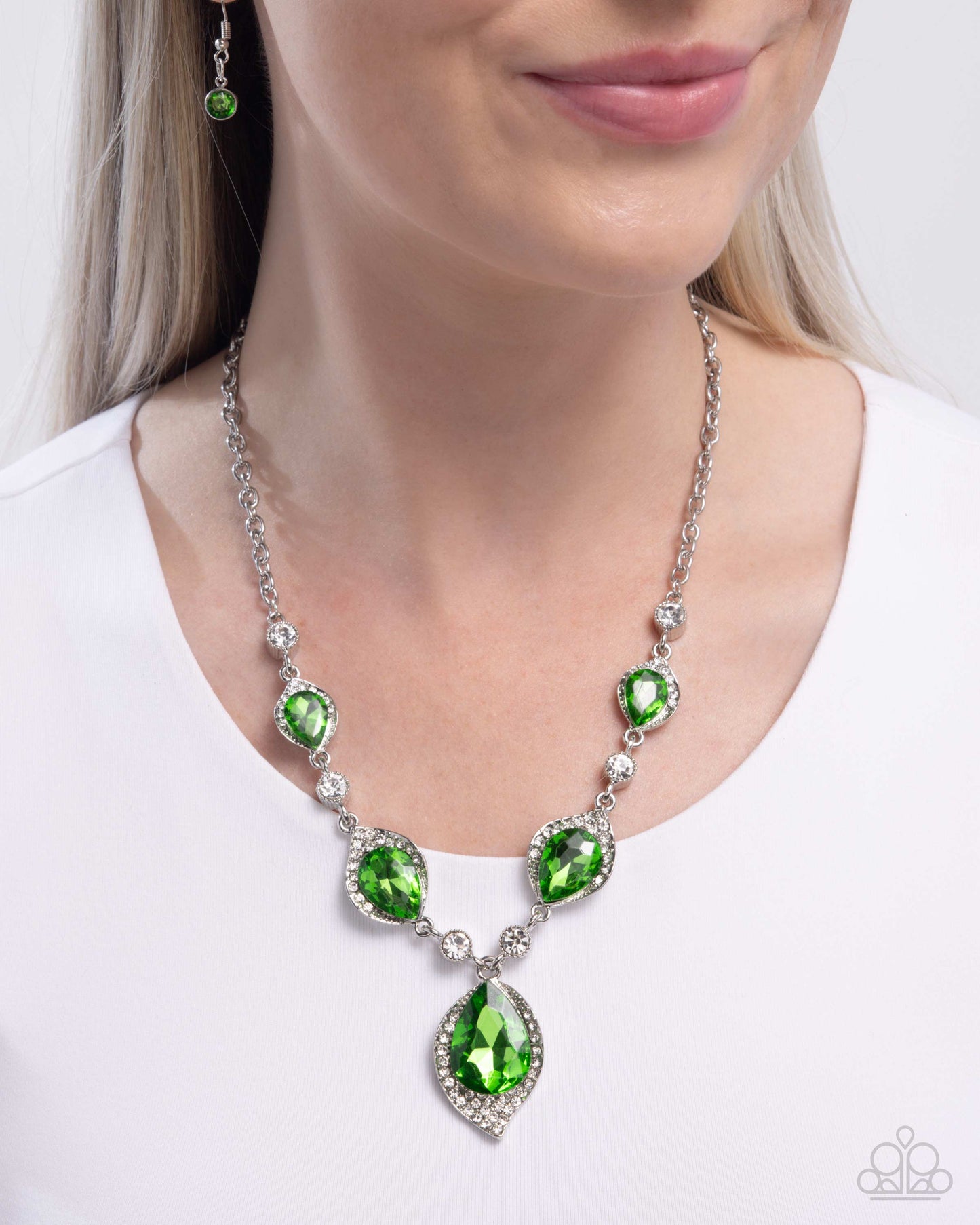 SPADES of Shimmer - Green Teardrop Gem & White Rhinestone Necklace Paparazzi N3348