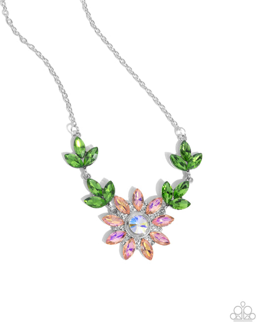 Blossoming Baseline - Orange Light Peach & Green Rhinestone Flower Necklace Paparazzi N3565