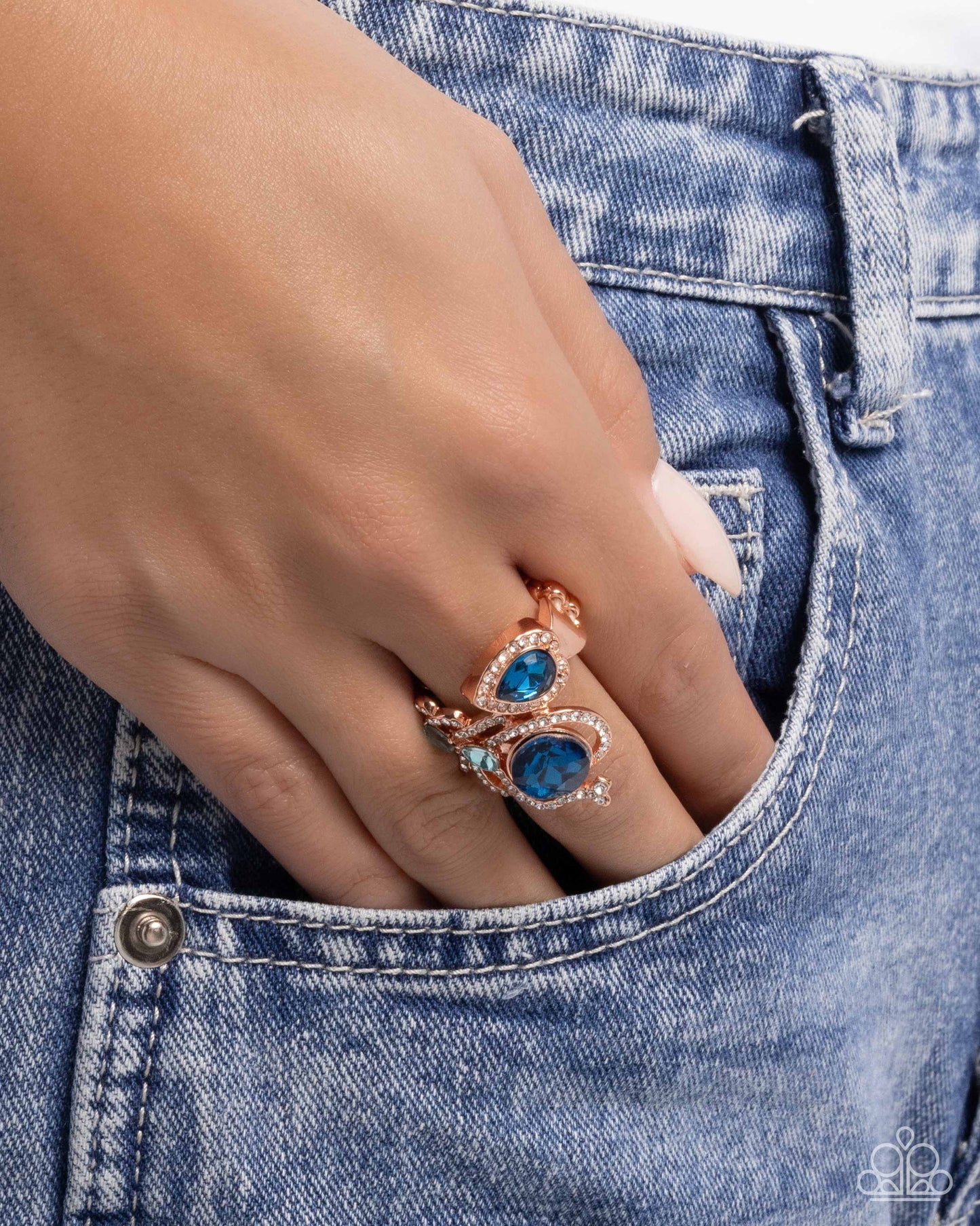 Enigmatic Excess - Copper - Shiny Copper Blue & Light Blue Gem Ring Paparazzi