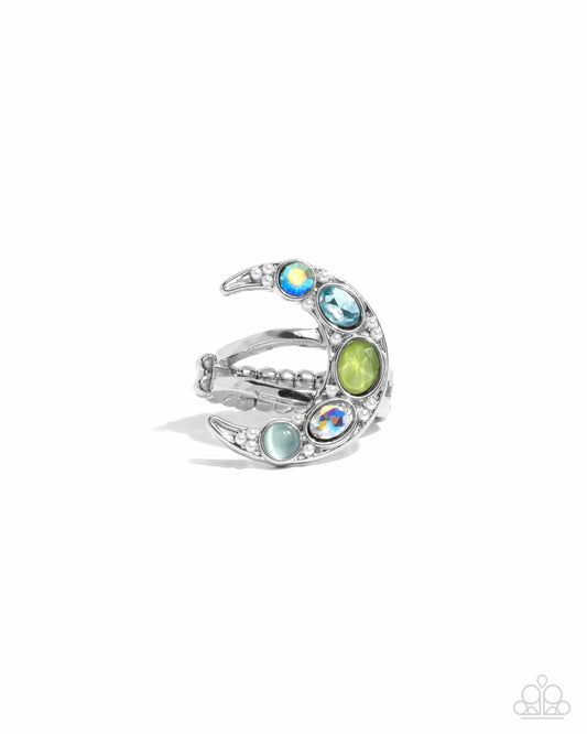 Lunar Leader - Green UV Shimmer Gem, & Blue Gem Crecent Moon Ring Paparazzi R1046