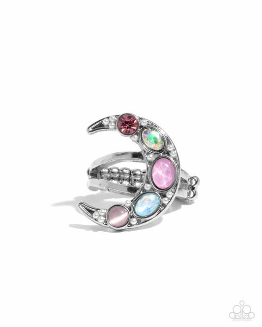 Lunar Leader - Pink Cat's Eye Stone, UV Pink, Opalescent Blue Crescent Moon Ring Paparazzi R1010