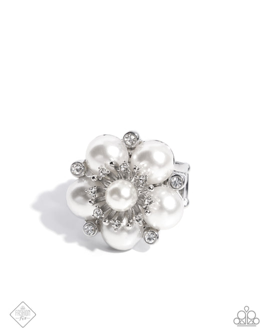Friendly Flair - White Pearl & Rhinestone Ring April 2025 Fiercely 5th Avenue Fashion Fix Paparazzi R1087