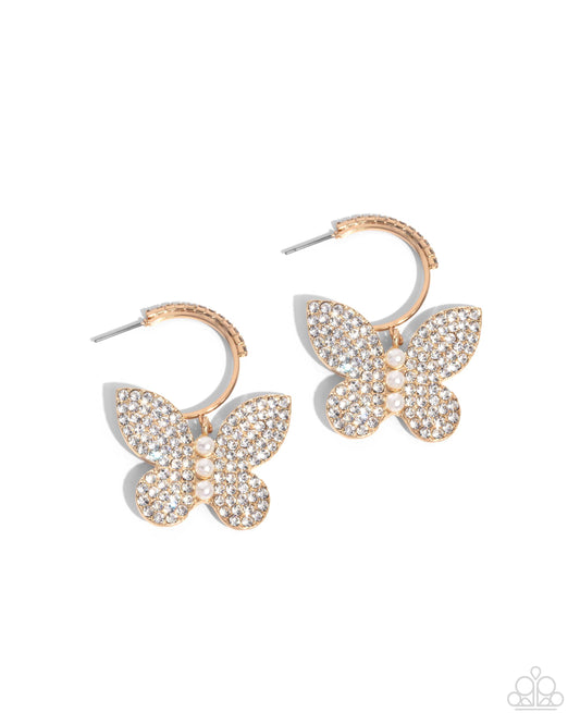Butterfly Boundary - Gold & White Rhinestone Butterfly 1 Inch Hoop Earring Paparazzi E2840