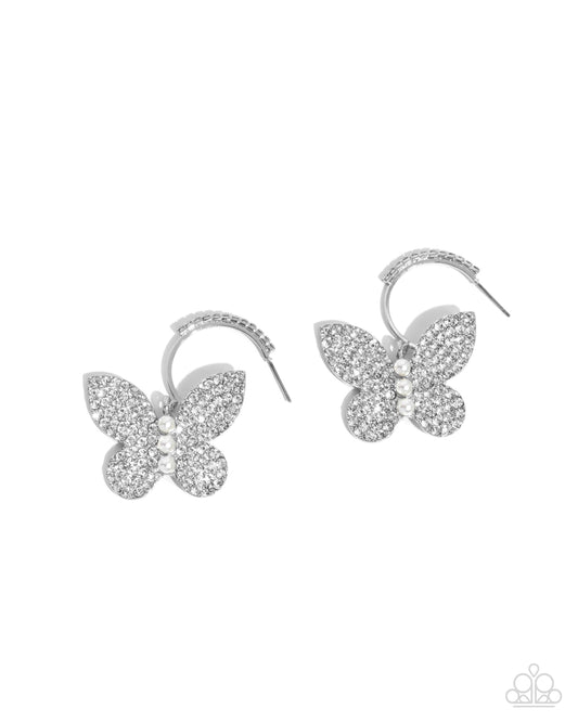 Butterfly Boundary - White Rhinestone Butterfly 1 inch Hoop Earring Paparazzi E3046