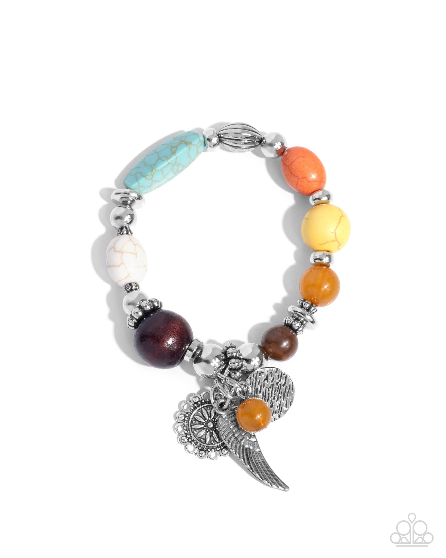 Earthy Eclecticism - Multi Silver, Brown, Turquoise, Yellow, Orange White Stone Silver Feather Santa Fe Style Stretch Bracelet Paparazzi