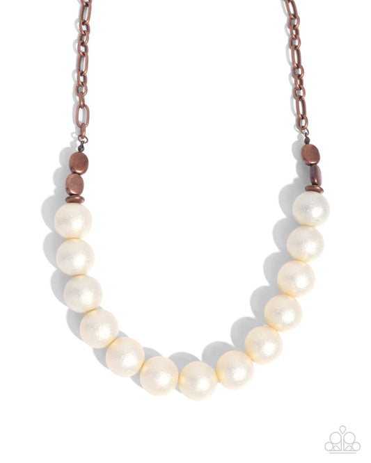 Brushed Backdrop - Copper Chain & White Scratched Large Pearl Necklace Paparazzi N3164