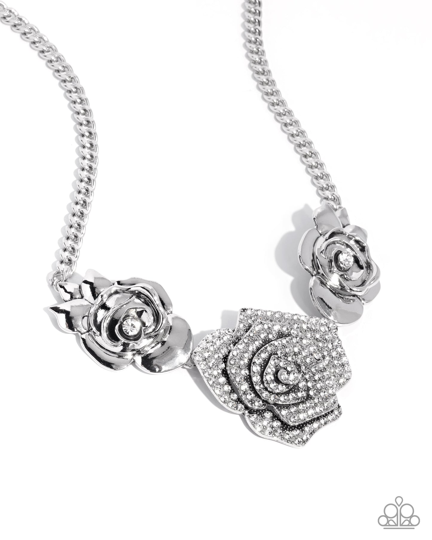 Bouquet Beacon - White Rhinestone 3D Silver Rose Necklace January 2025 Life Of The Party Paparazzi N2883