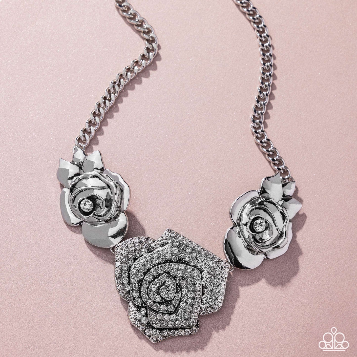 Bouquet Beacon - White Rhinestone 3D Silver Rose Necklace January 2025 Life Of The Party Paparazzi N2883