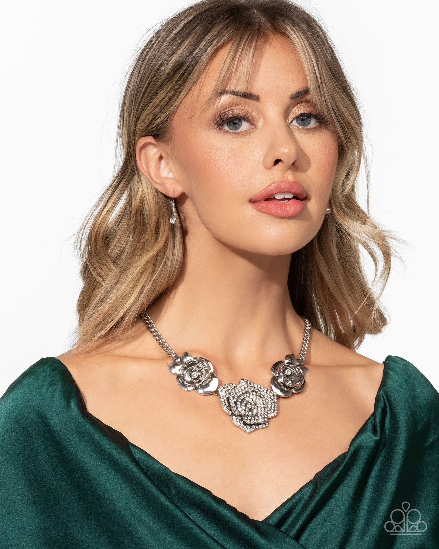 Bouquet Beacon - White Rhinestone 3D Silver Rose Necklace January 2025 Life Of The Party Paparazzi N2883