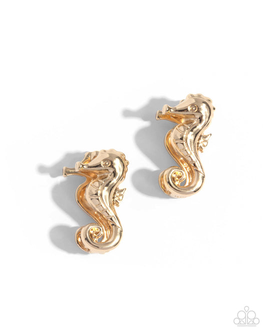 Sea Horse Statement - Gold Sea Horse Hinge Hoop Earring Paparazzi E2711